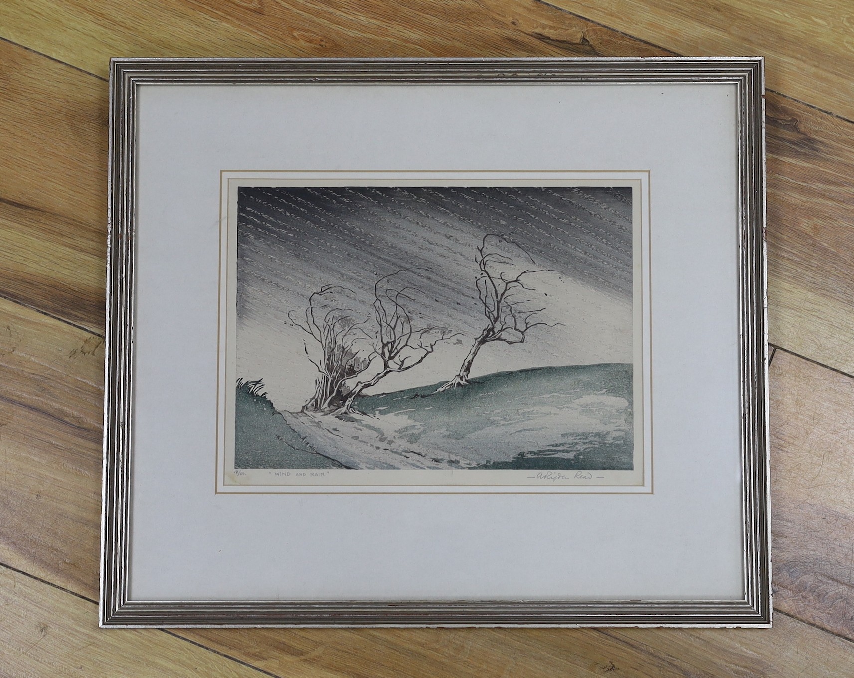 Arthur Rigden Read (1879-1955), colour woodcut, 'Wind and Rain', signed in pencil, 18/50, 18 x 26cm, with a Hastings Museum Exhibition catalogue for the artist